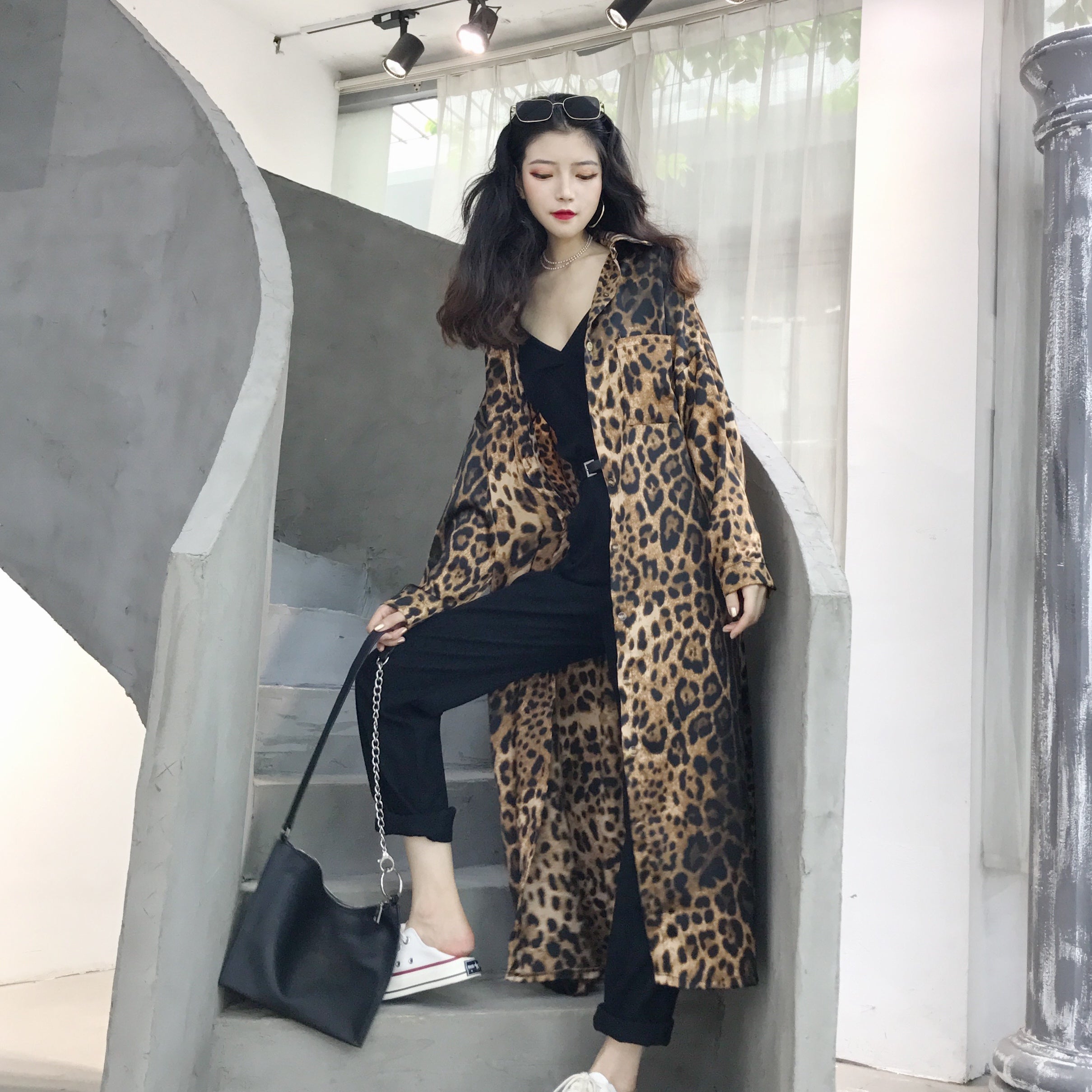 Leopard Print Long Coat, Vintage Loose Shirt Jacket